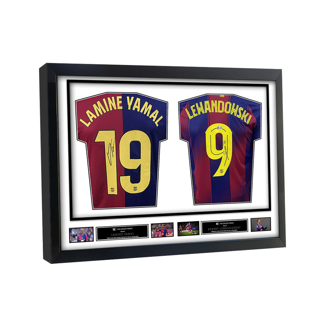 Lamine Yamal & Lewandoski Signed Barcelona Jerseys in Dual Frame