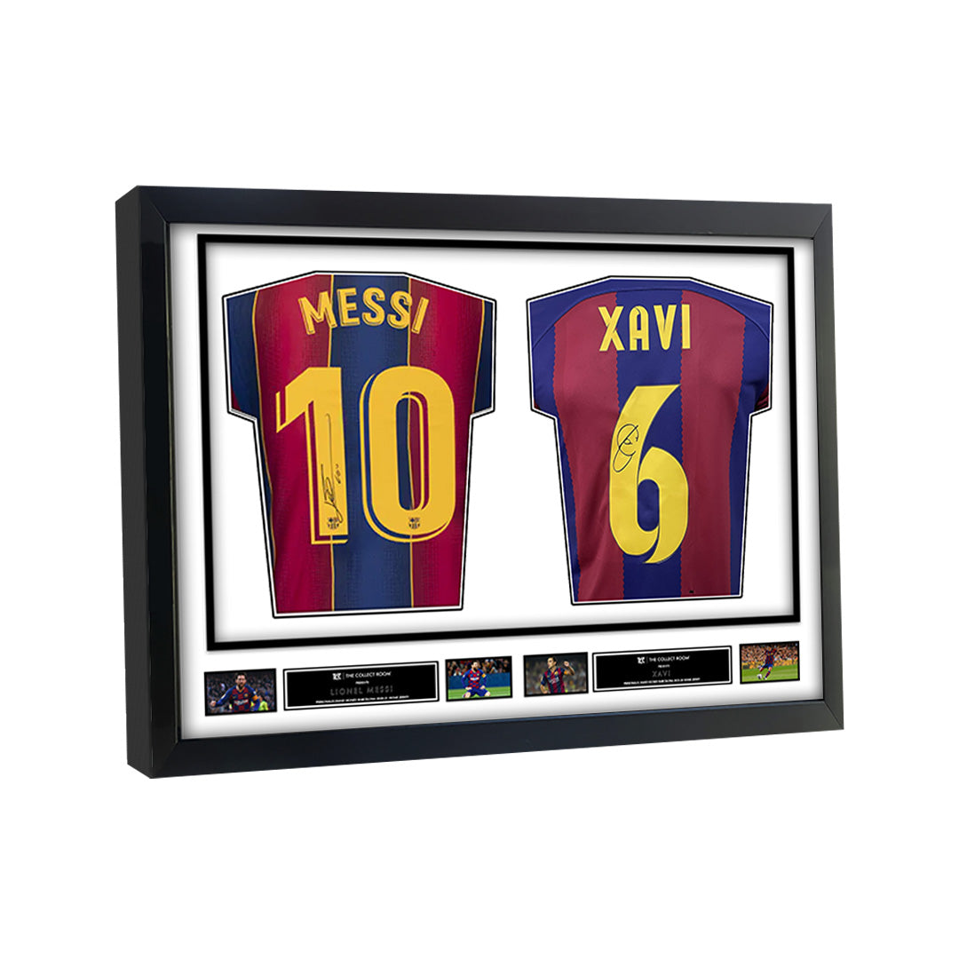 Messi & Xavi Signed Barcelona Jerseys in Dual Frame