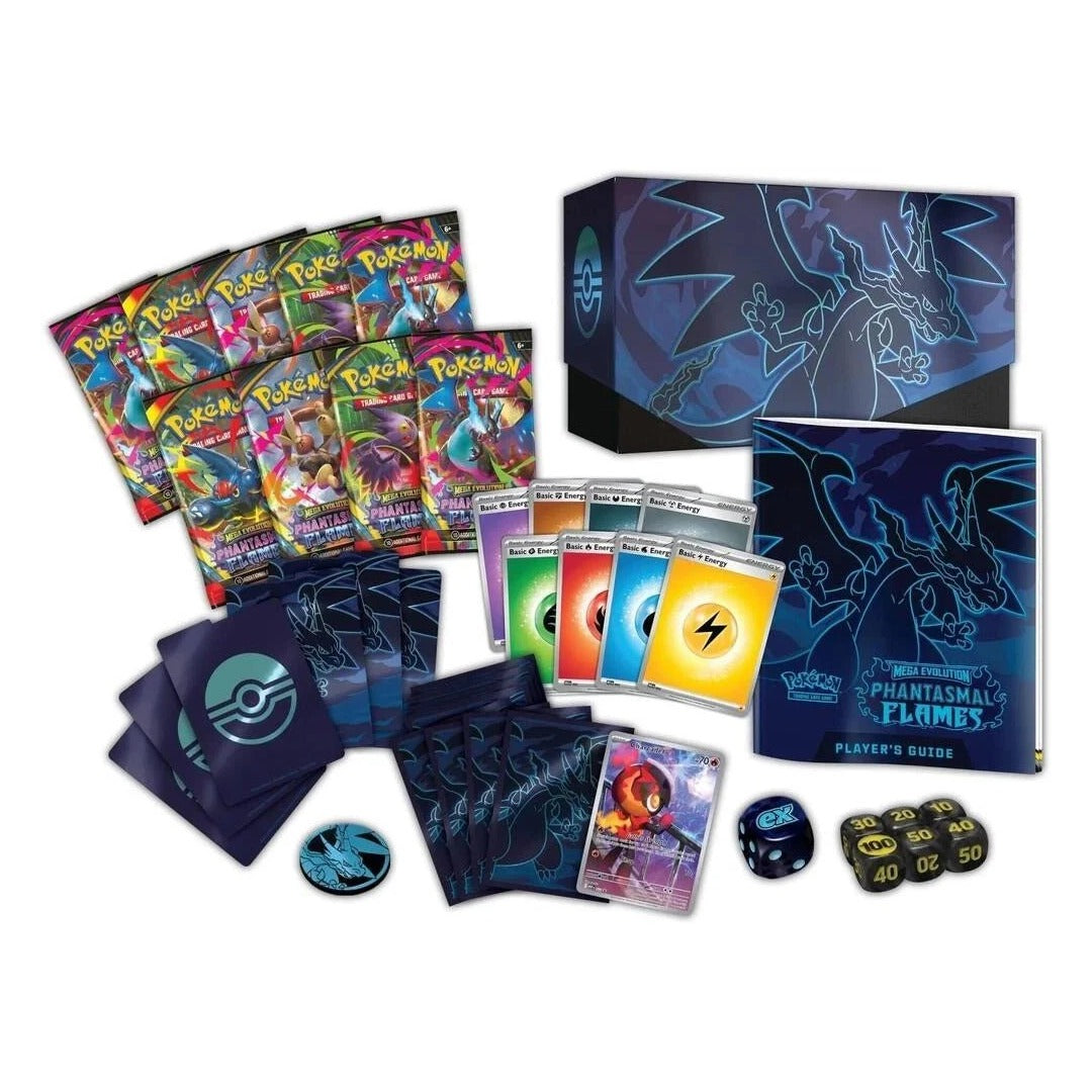 Pokémon trading card game set with cards, box, and accessories on a white background