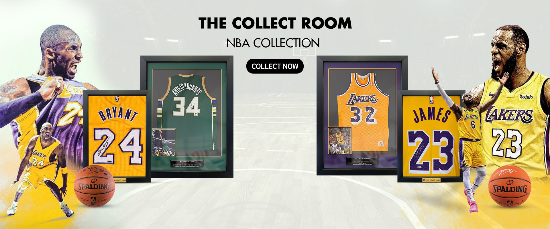 The collect room, NBA collectibles featuring framed jerseys and basketball.