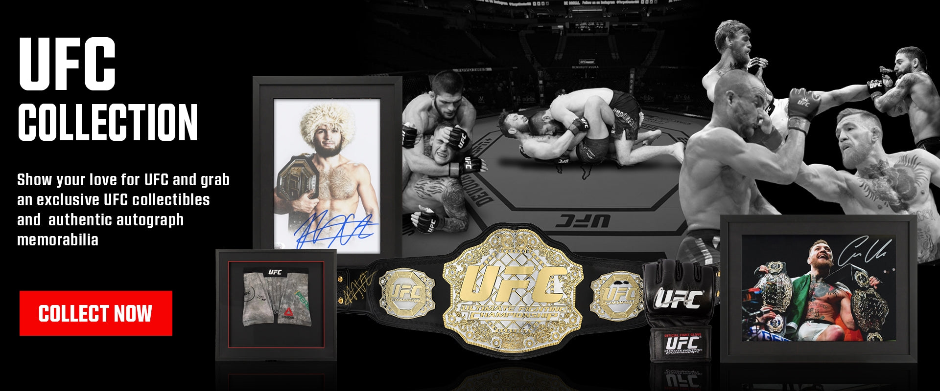 The collect room, UFC collectibles including a championship belt and autographed photos and gloves.
