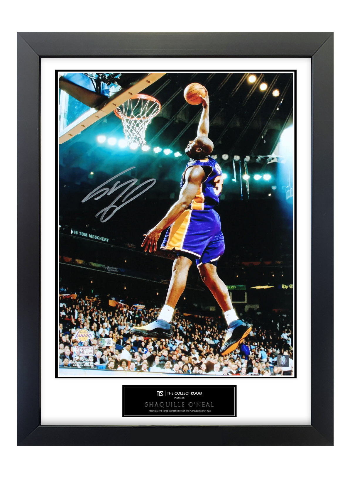 Lakers Shaquille O'Neal Signed 16x20 Vertical Dunk Photo Purple Jersey