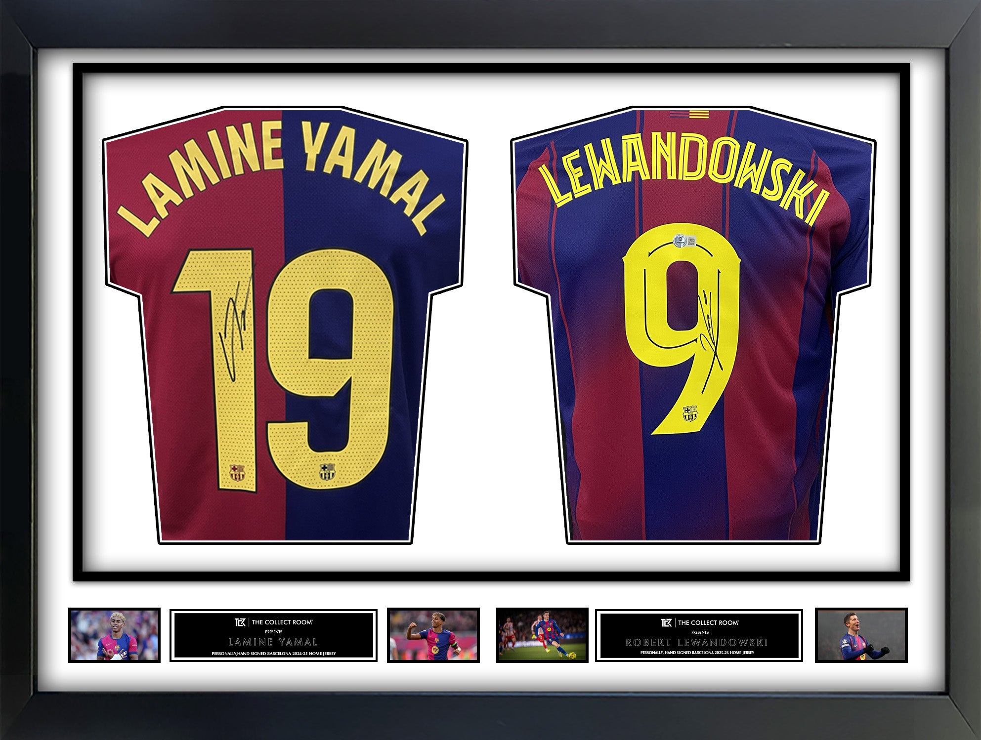 Lamine Yamal & Lewandoski Signed Barcelona Jerseys in Dual Frame