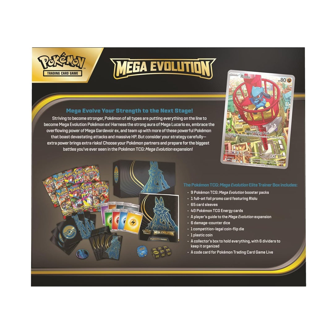 Pokémon TCG Mega Evolution trading card game packaging with cards and accessories.