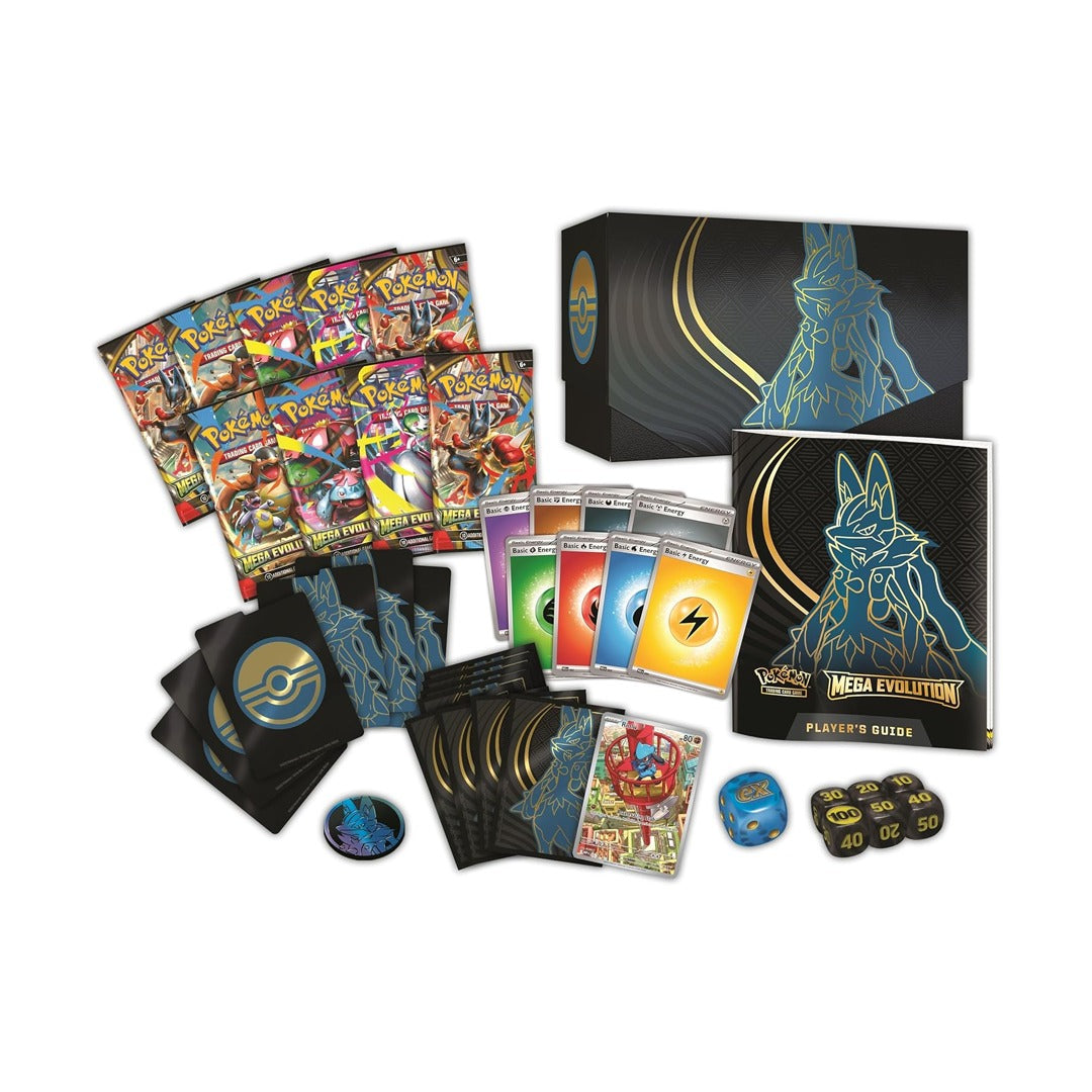 Pokémon trading card game products including cards, a box, and a player guide on a white background