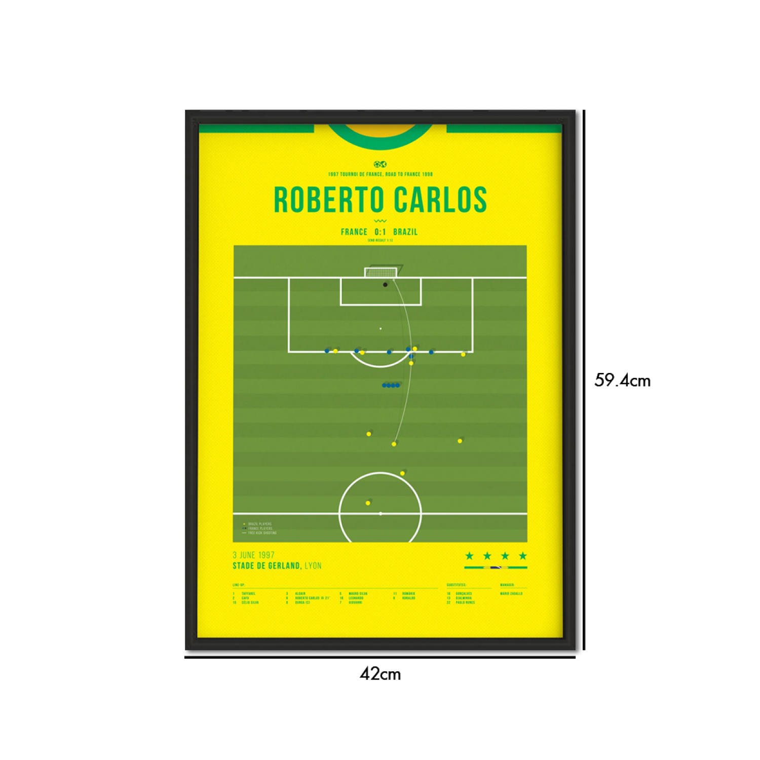 Roberto Carlos Signed Brazil 1997 Home Jersey with Goal Frame