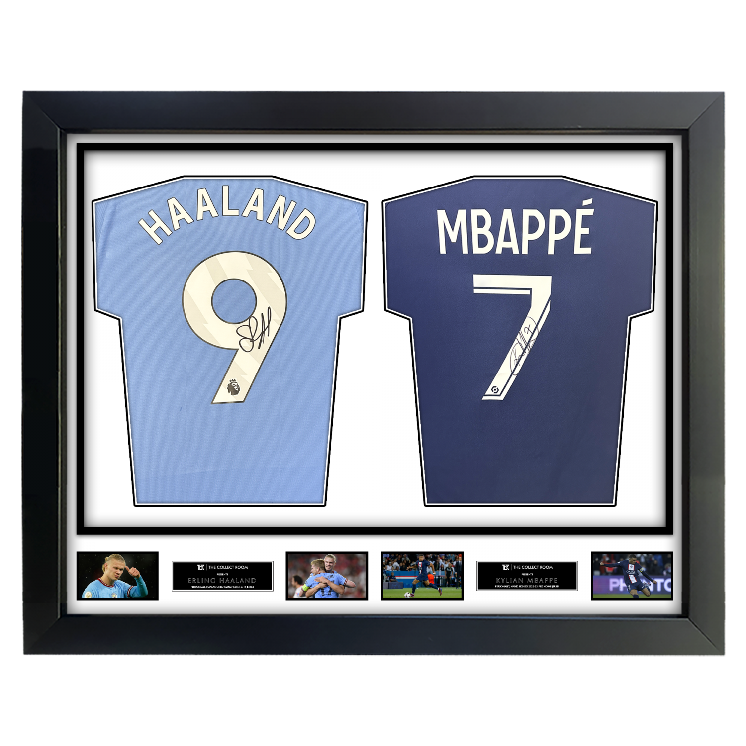 Erling Haaland Signed Manchester City & Kylian Mbappé Signed PSG Jerseys in Dual Frame