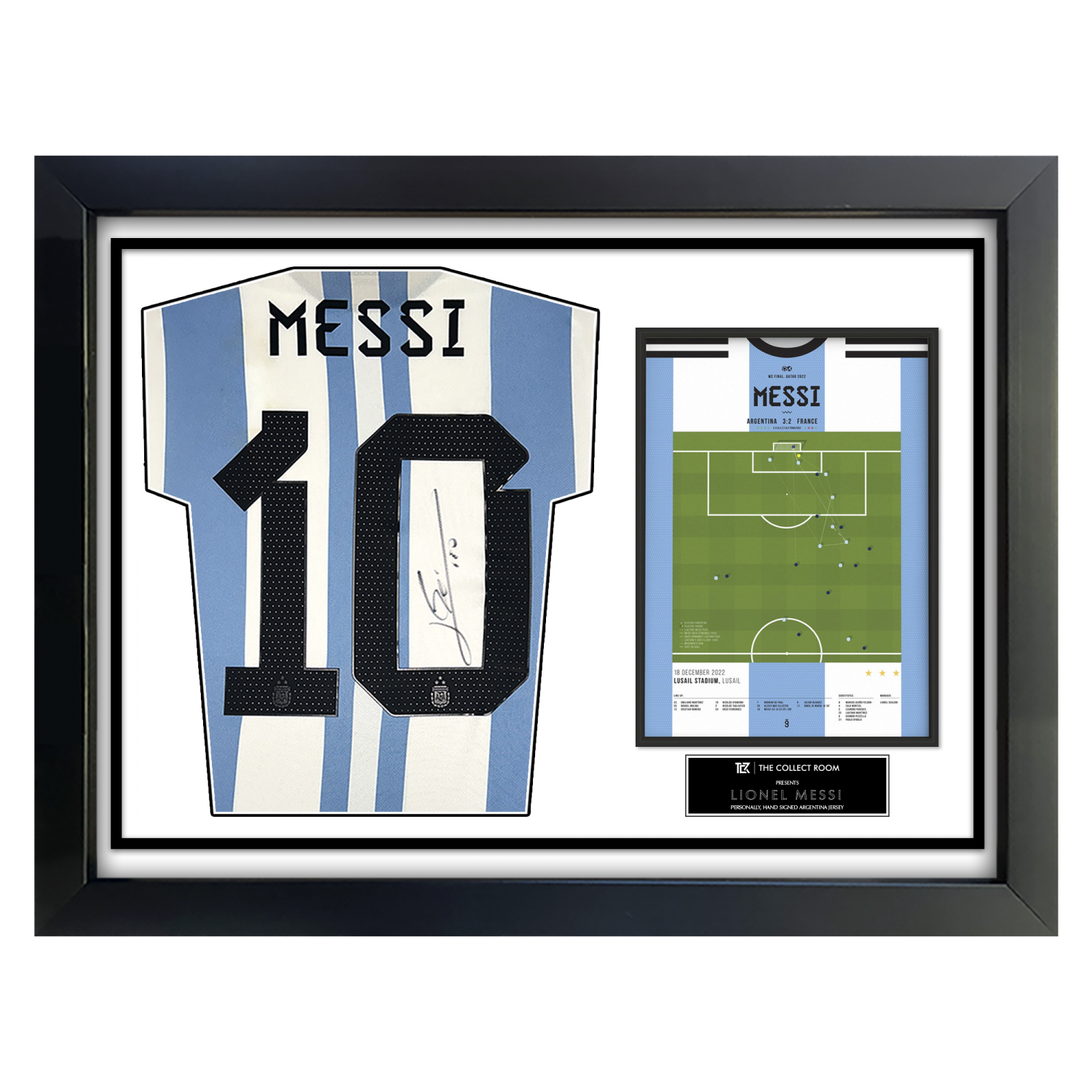 Lionel Messi Official Back Signed Argentina 2022-23 World Cup Home Jersey with Goal Frame