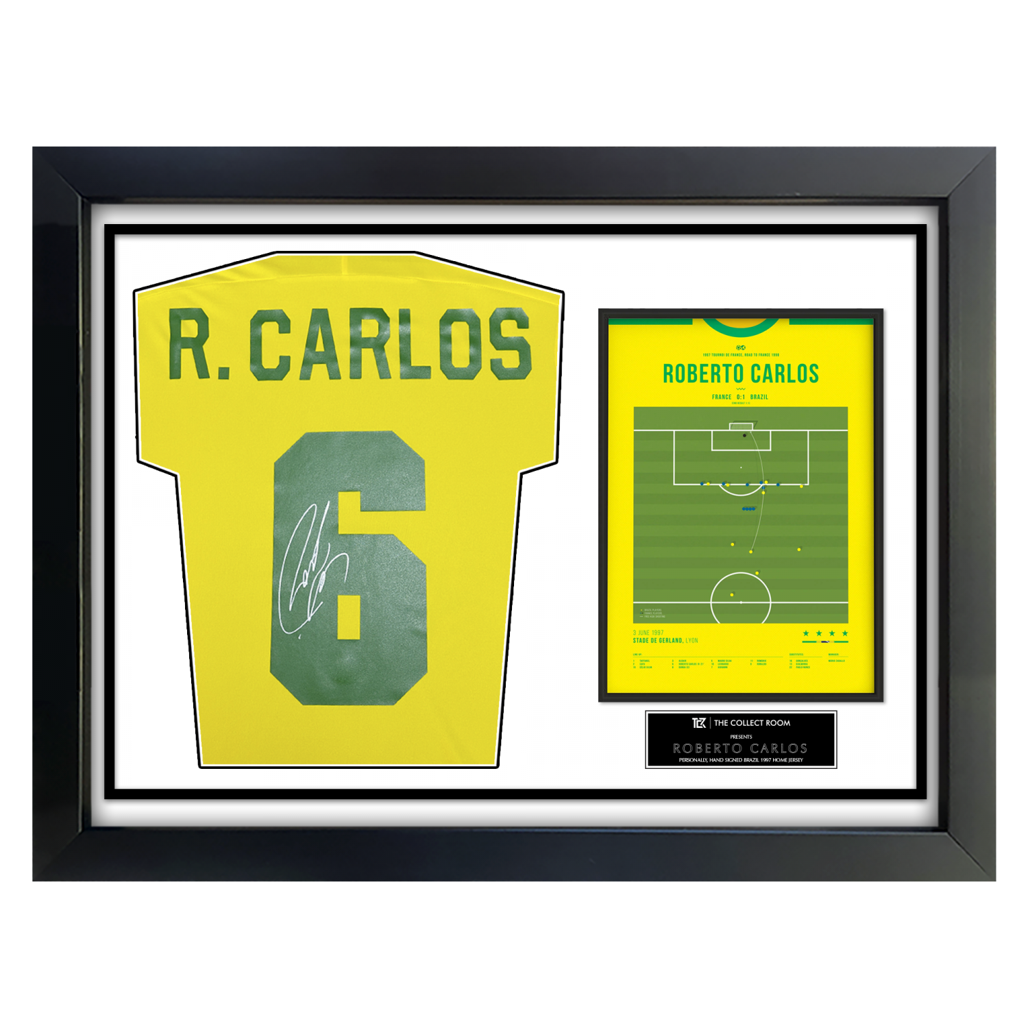 Roberto Carlos Signed Brazil 1997 Home Jersey with Goal Frame